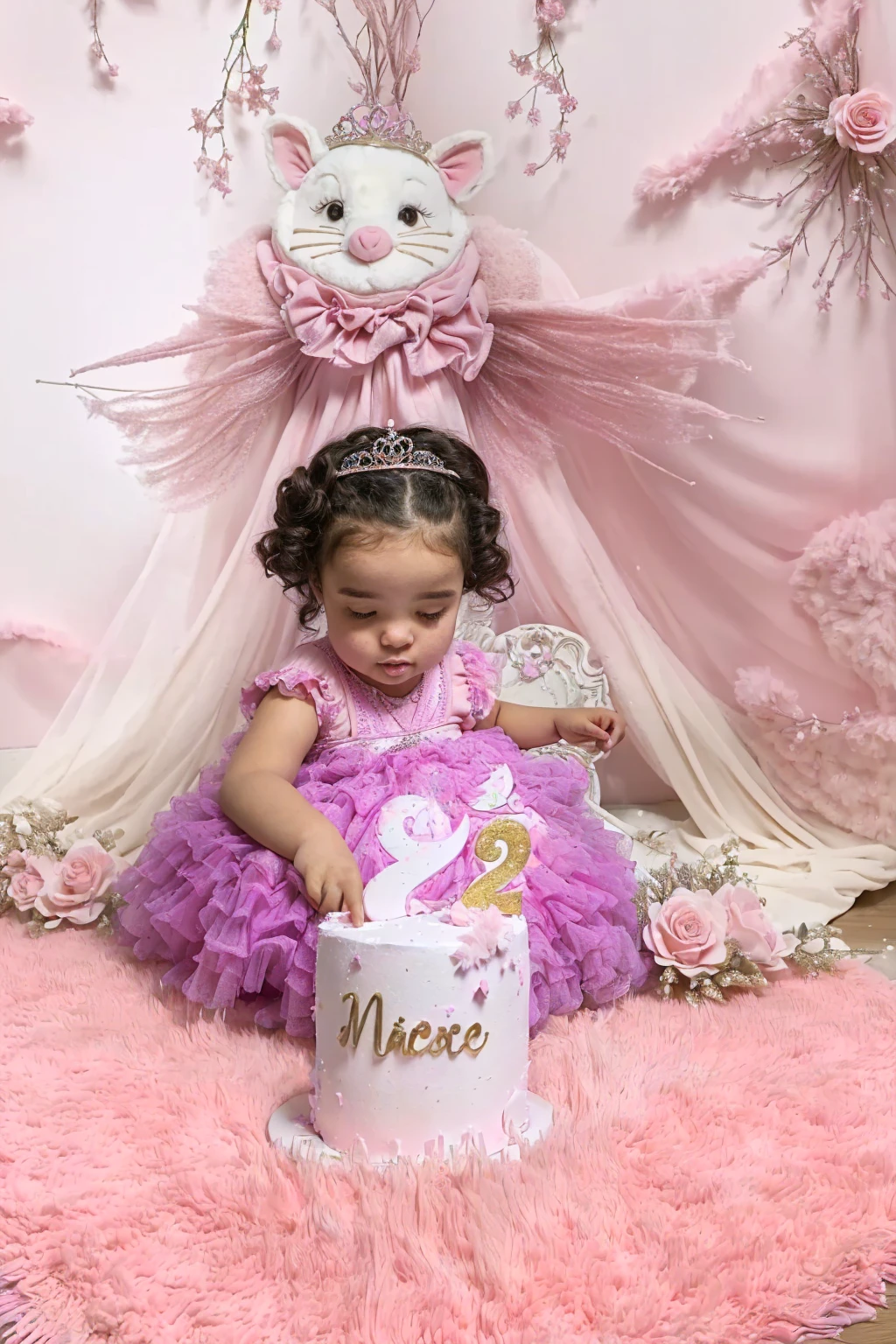 Araffe girl in pink dress sitting on pink fluffy rug with cake, 2 years old, 1614572159, very magical and dreamy, the background is heavenly, viñeta, 3127318783, magical mood, beautiful pink , 🤬 🤮 💕 🎀, raised, princess girl, graphic