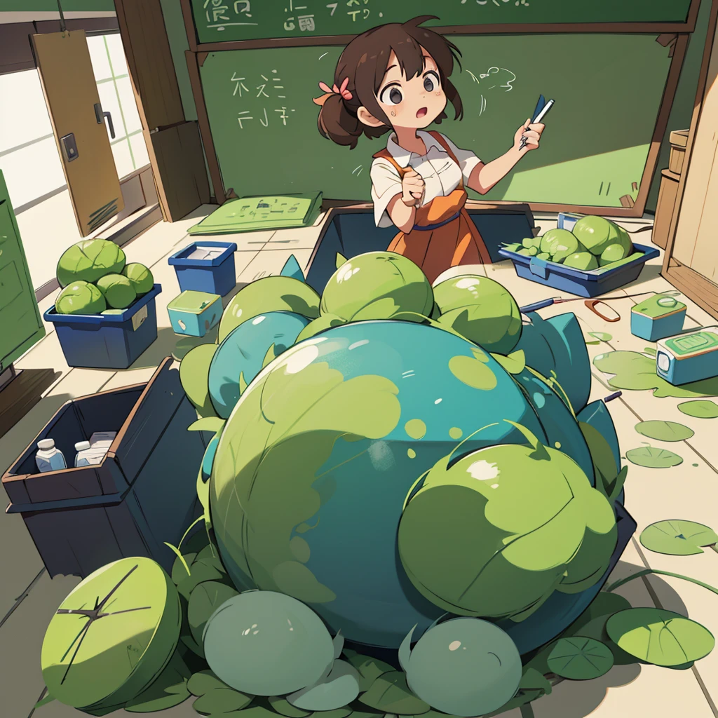 Anime drawing of a teacher explaining in class about the presentation of the different labeled containers for solid waste. (organic, inorganic, hazardous).