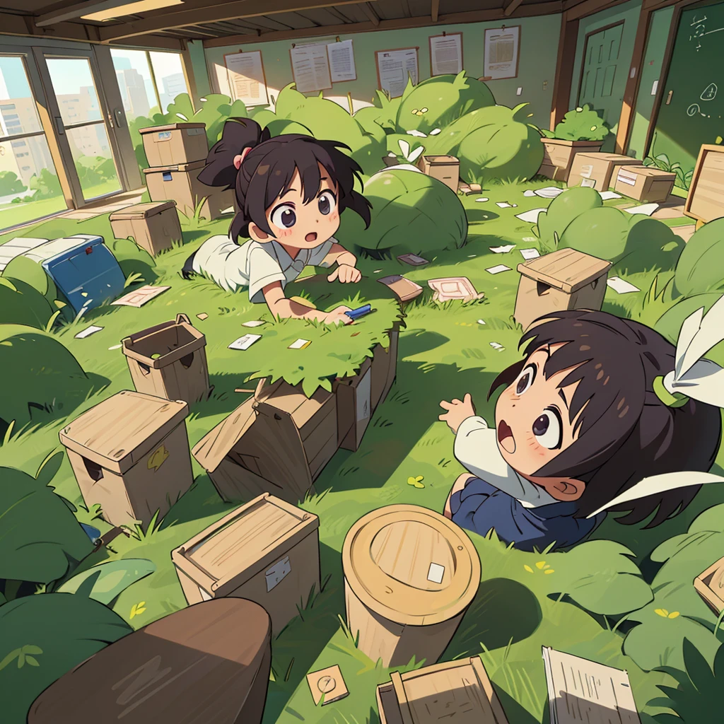 Anime drawing of a teacher explaining in class about the presentation of the different labeled containers for solid waste. (organic, inorganic, hazardous).