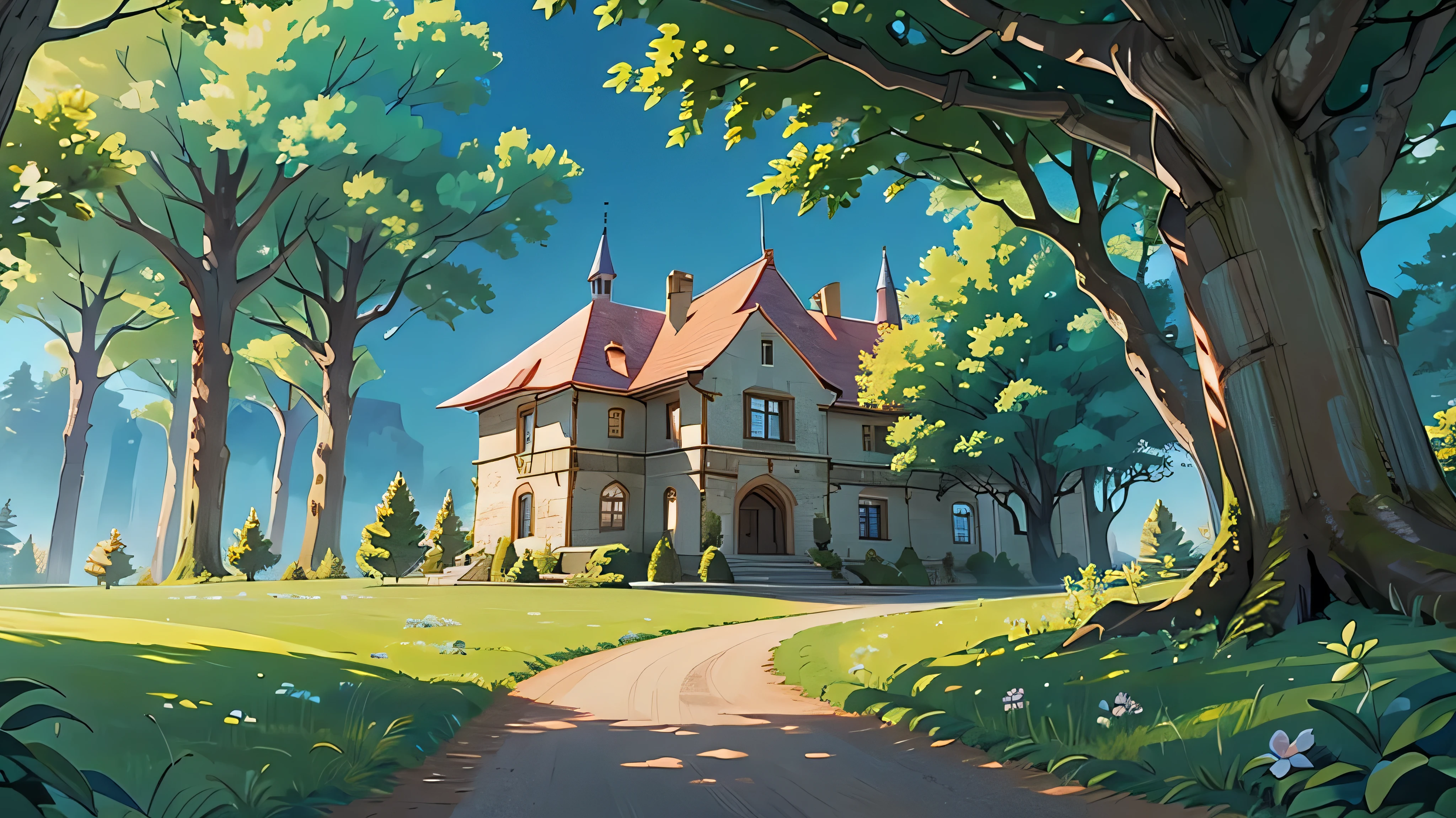 a dirt path surrounded by a forest and trees to a castle so far that you see at the end