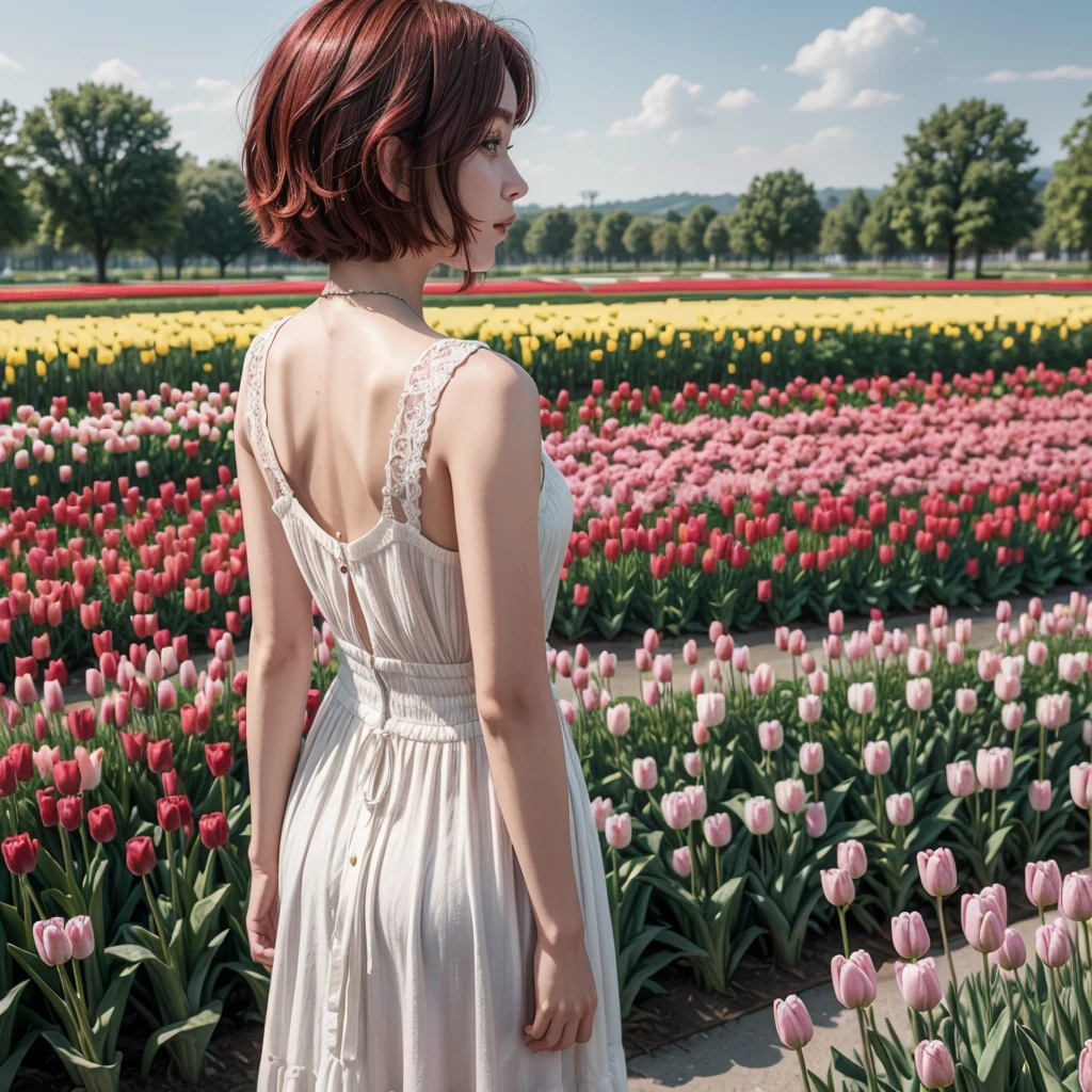 A girl from the back with short cherry red bob hair observing a landscape of tulips and flowers 