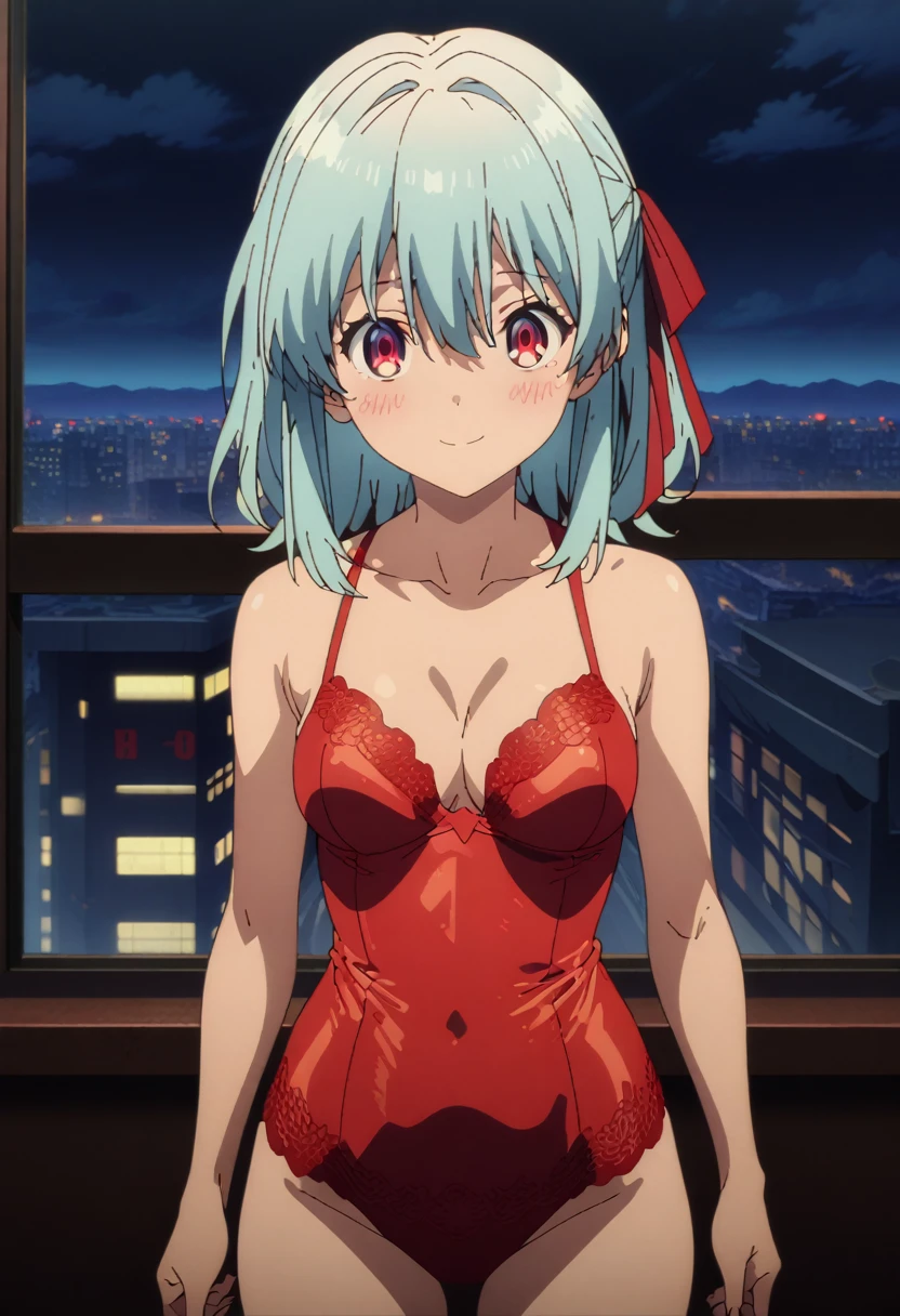 cel-shaded, 1990s_anime, detailed, high quality, masterpiece, best quality, very aesthetic, absurdres, anime screencap, miku. 1girl, solo, (red eyes:1.5), detailed eyes, light blue hair, medium hair, bangs, hair between eyes, hair ribbons, red lingerie, see-throught, thighs, medium breasts, blush, smile, sexy, collarbone, cleavage, cowboy shot, from front, against window, city, sky, clouds, night, open legs, (looking at viewer:1.0