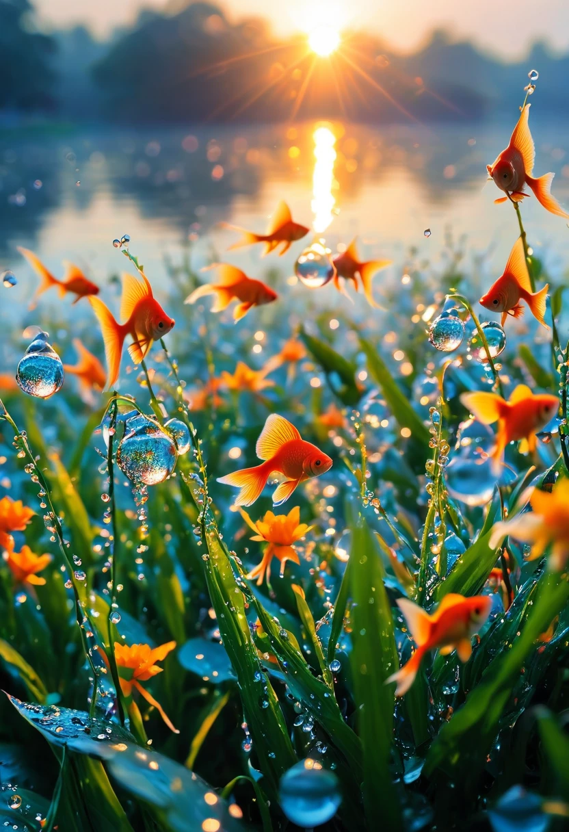 The first rays of sunlight in the morning，dewdrops on flowers，(sunrise)，Goldfish in the sky，Nice photos，HD Wallpapers，