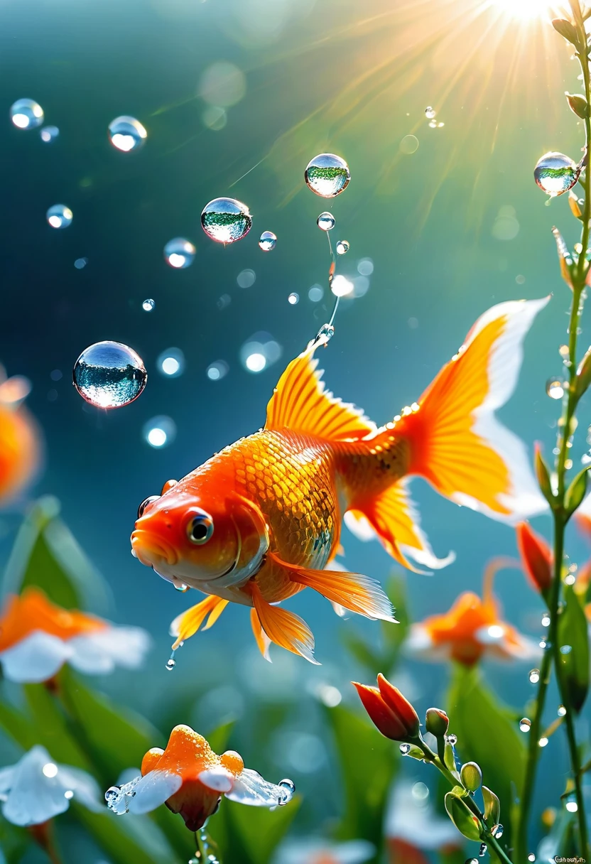 The first rays of sunlight in the morning，dewdrops on flowers，(sunrise)，Goldfish in the sky，Nice photos，HD Wallpapers，