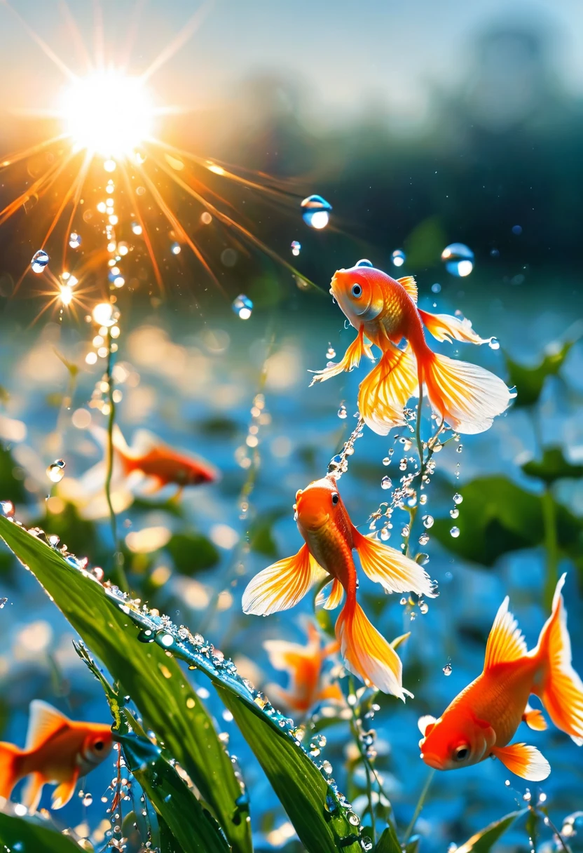 The first rays of sunlight in the morning，dewdrops on flowers，(sunrise)，Goldfish in the sky，Nice photos，HD Wallpapers，