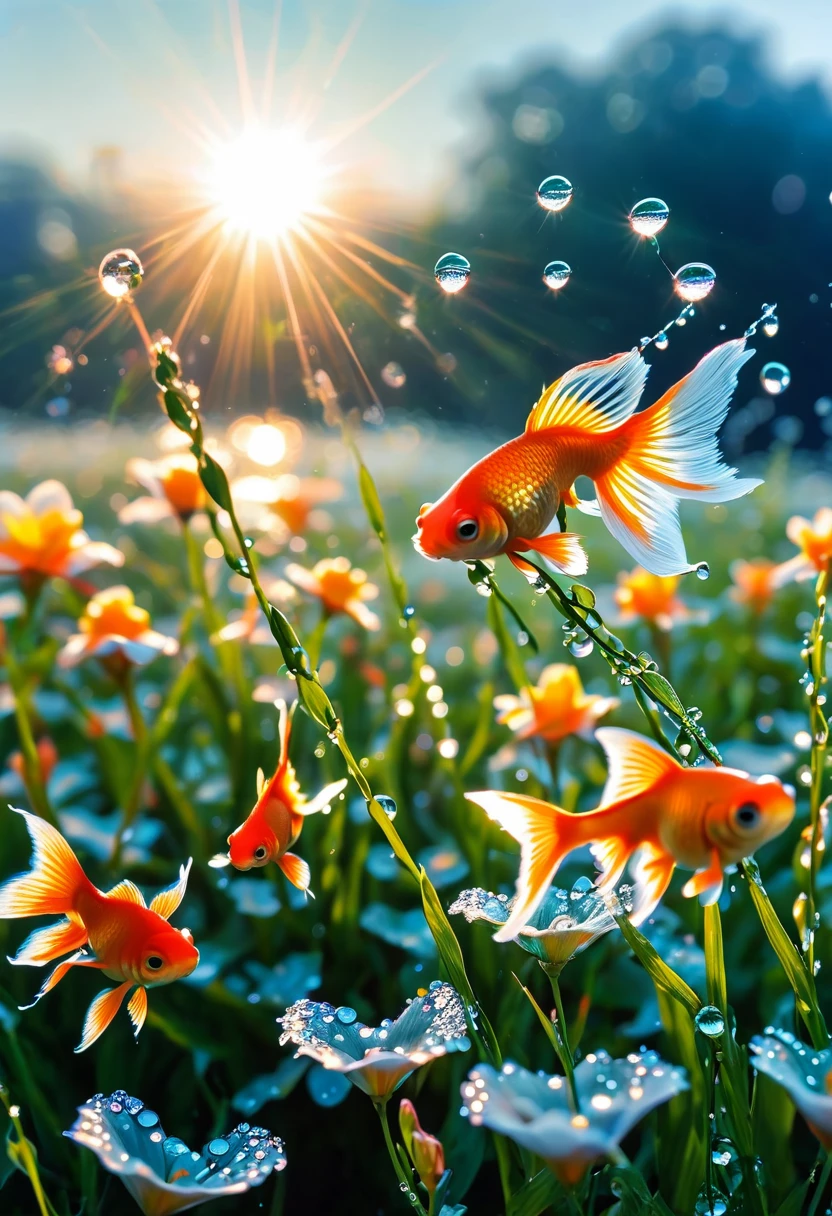 The first rays of sunlight in the morning，dewdrops on flowers，(sunrise)，Goldfish in the sky，Nice photos，HD Wallpapers，