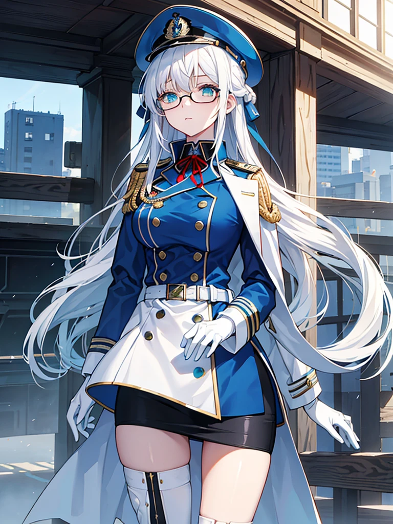 masterpiece, best quality, beautiful girl, white hair with blue inner color, emerald green eyes, dark blue military uniform, mature_female, eye_glasses, white gloves, anime, dark blue military hat, very_long_hair, perfect body, red ribbon, commander, science_fiction, black knee-high boots, white pencil skirt , cowboy_shot, best quality, large_breasts, ultra-detailed, high quality, modern military uniform, sci-fi, royal blue Trench Coat, one girl