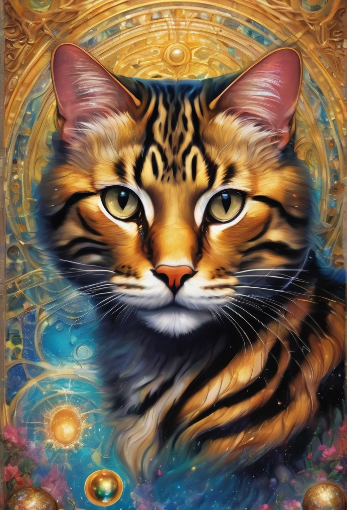 Gatos, in the center of the image , lenormand oracle,Beautiful line art photo,Use gold strokes and rainbow paint,Golden Maiden,the golden ratio,Melted wax,Visible brush strokes,surrounded by crystal spheres,3D Mosaic Wireframe,neuroimaging,neurons,colours,California,intense emotion,Oil on canvas,Thick strokes,insanely details,8k ultra high definition,tmasterpiece,art stations,ultra-realistic realism,