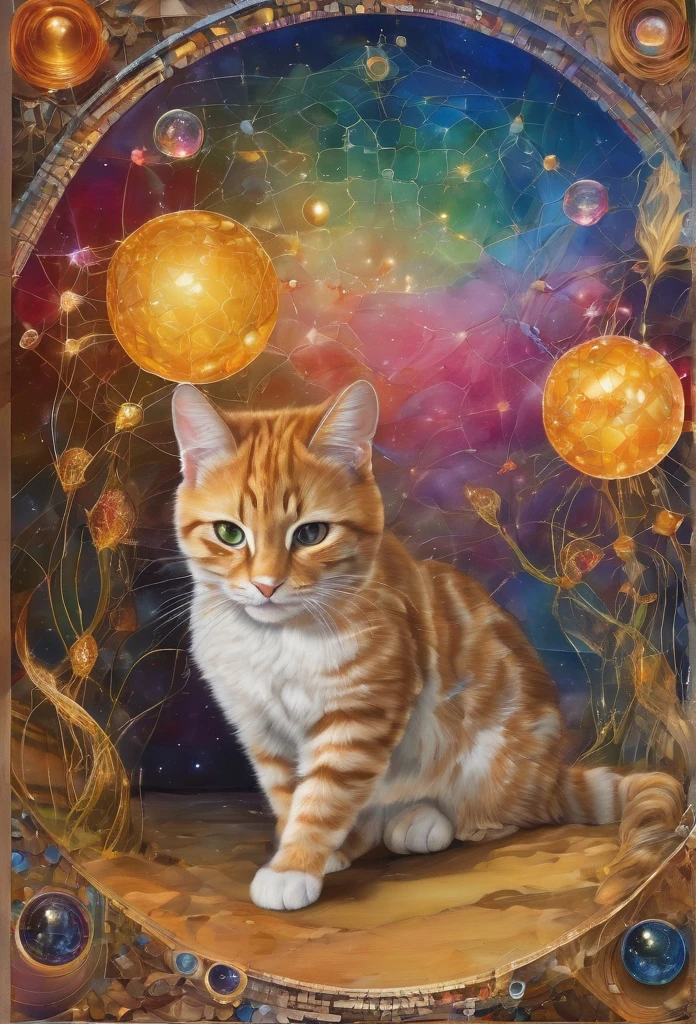 Gatos, in the center of the image , lenormand oracle,Beautiful line art photo,Use gold strokes and rainbow paint,Golden Maiden,the golden ratio,Melted wax,Visible brush strokes,surrounded by crystal spheres,3D Mosaic Wireframe,neuroimaging,neurons,colours,California,intense emotion,Oil on canvas,Thick strokes,insanely details,8k ultra high definition,tmasterpiece,art stations,ultra-realistic realism,