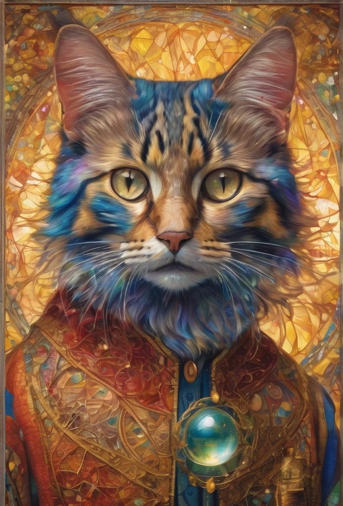 Gatos, in the center of the image , lenormand oracle,Beautiful line art photo,Use gold strokes and rainbow paint,Golden Maiden,the golden ratio,Melted wax,Visible brush strokes,surrounded by crystal spheres,3D Mosaic Wireframe,neuroimaging,neurons,colours,California,intense emotion,Oil on canvas,Thick strokes,insanely details,8k ultra high definition,tmasterpiece,art stations,ultra-realistic realism,