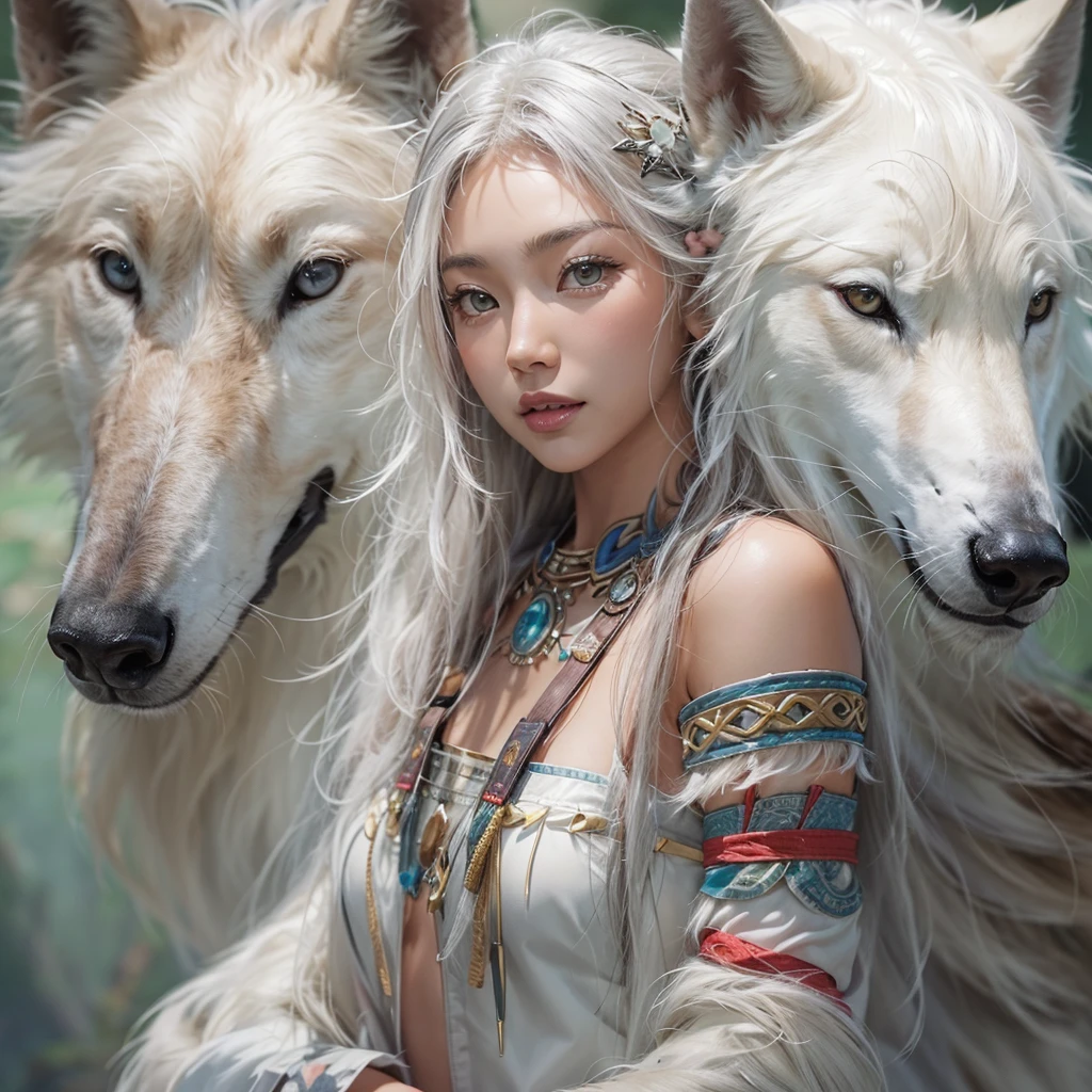 Shirakami-Sanchi、Hair flow、 ((Highest quality、masterpiece、8K、Best image quality、Ultra-high resolution、Award-winning works)、(Accurate anatomy:1.1)、(Look at me and smile:1.1)、Shining fair skin with Ultra-high resolution、The most detailed face、Ultra-high resolution detailed face、Ultra-high resolutionの髪の毛、(Ultra-high resolutionの煌めく瞳:1.1)、Beautiful face drawn in every detail、(Blurred Background:1.1)、Native American white costume, American Indian Clothing, Chest to chest, tattoo、A real giant condor next to you。Observe the white wolf