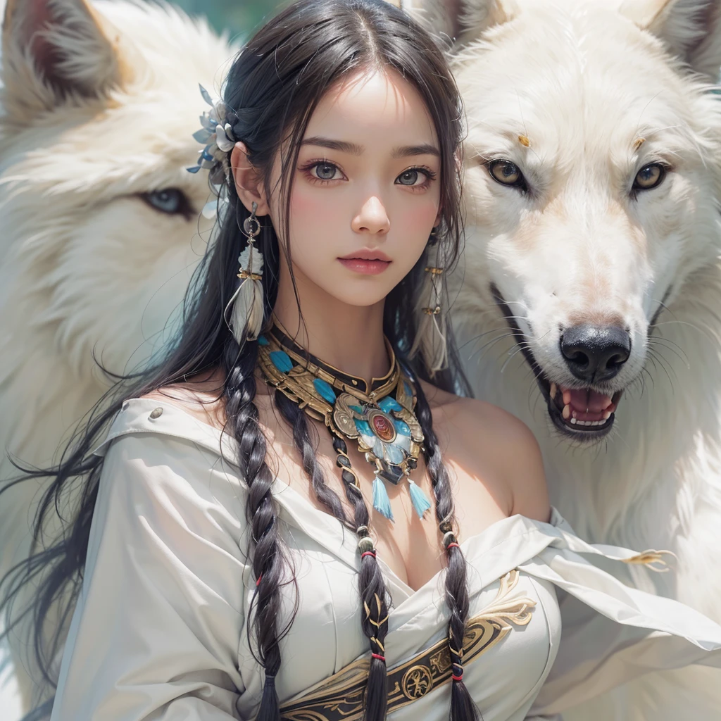 Shirakami-Sanchi、Hair flow、 ((Highest quality、masterpiece、8K、Best image quality、Ultra-high resolution、Award-winning works)、(Accurate anatomy:1.1)、(Look at me and smile:1.1)、Shining fair skin with Ultra-high resolution、The most detailed face、Ultra-high resolution detailed face、Ultra-high resolutionの髪の毛、(Ultra-high resolutionの煌めく瞳:1.1)、Beautiful face drawn in every detail、(Blurred Background:1.1)、Native American white costume, American Indian Clothing, Chest to chest, tattoo、A real giant condor next to you。Observe the white wolf