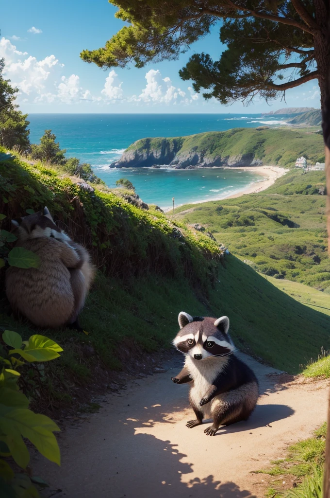 Fantasy scenario in lofi style with a coastal raccoon looking at the scene