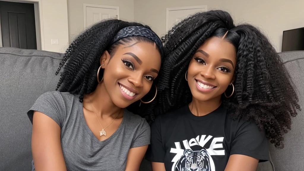 a selfie of a 35 years old black woman black youtuber , sitting on a couch in her livingroom, with a shirt on and a smile,  wearing a sexy cropped top, long afro hair, a woman with a tiger headband on , is smiling and wearing a sexy gray shirt huge tits, wig, wearing a headband,  long black hair in a ponytail, long wild black curly hair, her black hair is a long curly, with afro, black ponytail hair, ponytail black hair, ultra high definition picture , 4k
