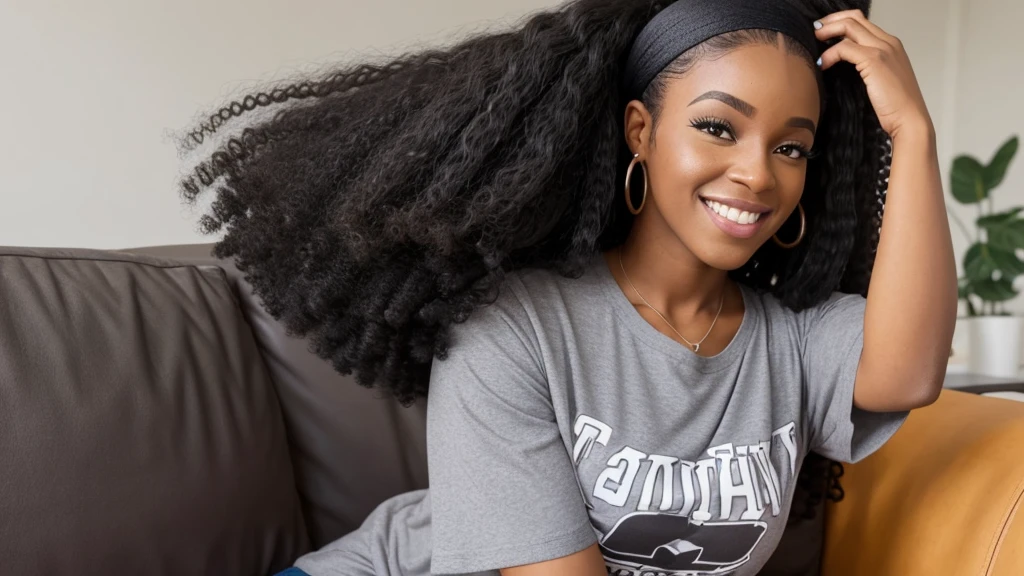 a selfie of a 35 years old black woman black youtuber , sitting on a couch in her livingroom, with a shirt on and a smile,  wearing a sexy cropped top, long afro hair, a woman with a tiger headband on , is smiling and wearing a sexy gray shirt huge tits, wig, wearing a headband,  long black hair in a ponytail, long wild black curly hair, her black hair is a long curly, with afro, black ponytail hair, ponytail black hair, ultra high definition picture , 4k
