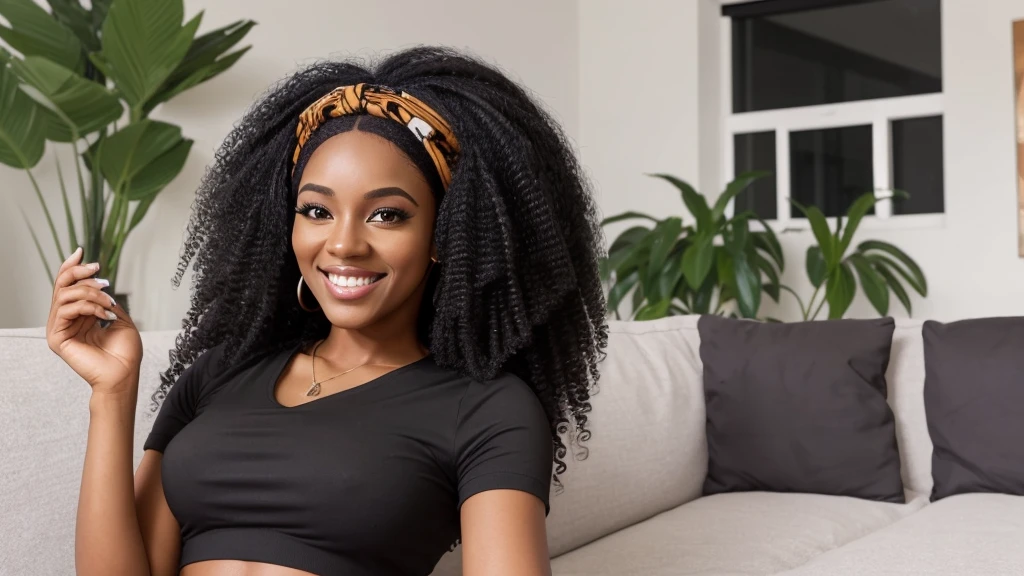 a selfie of a 35 years old black woman black youtuber , sitting on a couch in her livingroom, with a shirt on and a smile,  wearing a sexy cropped top, long afro hair, a woman with a tiger headband on , is smiling and wearing a sexy gray shirt huge tits, wig, wearing a headband,  long black hair in a ponytail, long wild black curly hair, her black hair is a long curly, with afro, black ponytail hair, ponytail black hair, ultra high definition picture , 4k
