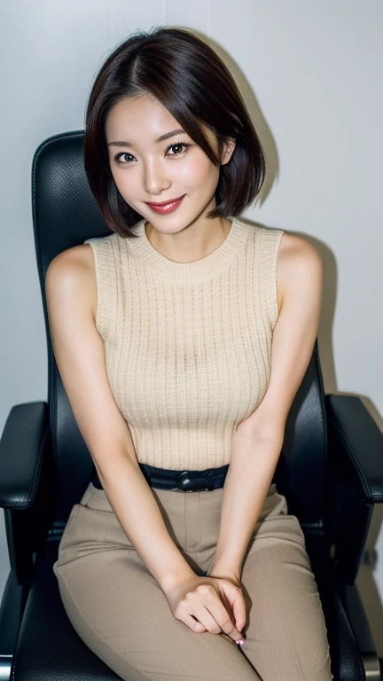 best image quality、Beautiful Japan woman in her 30s、outstanding style、open your legs wide、mini skirt、thighs thighs、Shiseido、professional lighting、professional photographer、Focus on the eyes、In a dark office、sit on a chair、I can see your pants、smile、Wearing a beige sleeveless knit、shortcut、bob、slightly thicker body、