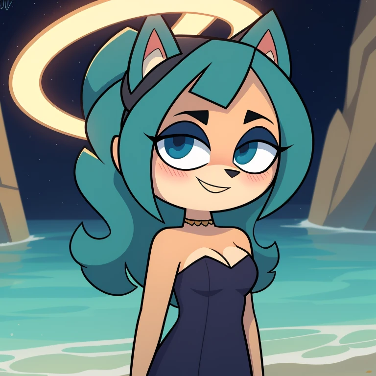 Gwen, total dramarama, strapless tight dress, cleavage, curly hair, halo, sunglasses, jewelry, aqua eyes, longeyelashes, aqua eyes, smile, shy, blush, high detail, masterpiece, UHD, anatomically correct, super detail, highres, 4K