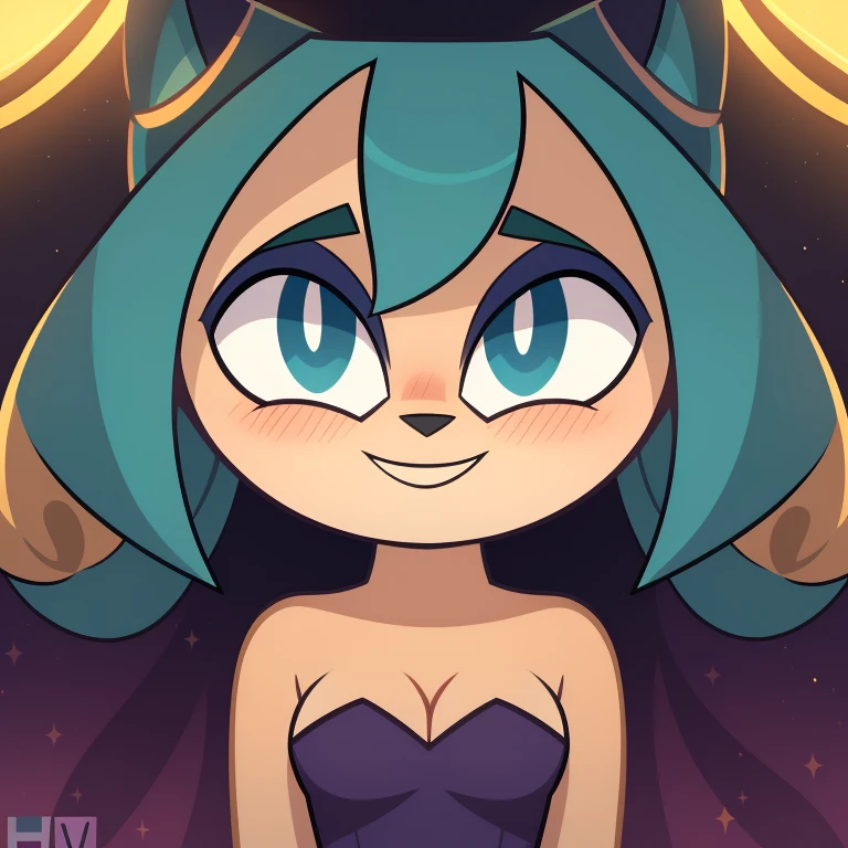 Gwen, total dramarama, strapless tight dress, cleavage, curly hair, halo, sunglasses, jewelry, aqua eyes, longeyelashes, aqua eyes, smile, shy, blush, high detail, masterpiece, UHD, anatomically correct, super detail, highres, 4K