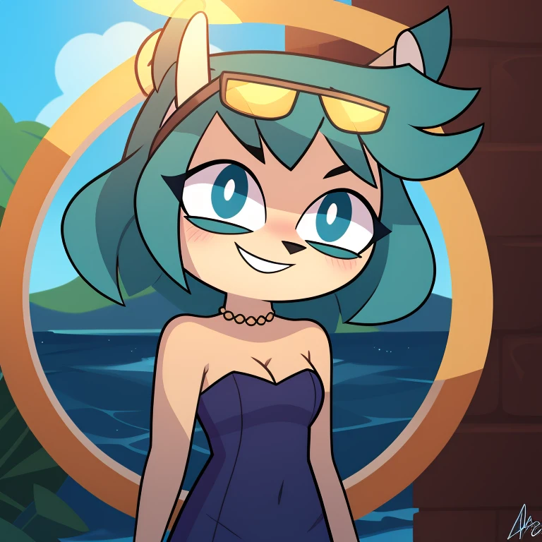 Gwen, total dramarama, strapless tight dress, cleavage, curly hair, halo, sunglasses, jewelry, aqua eyes, longeyelashes, aqua eyes, smile, shy, blush, high detail, masterpiece, UHD, anatomically correct, super detail, highres, 4K