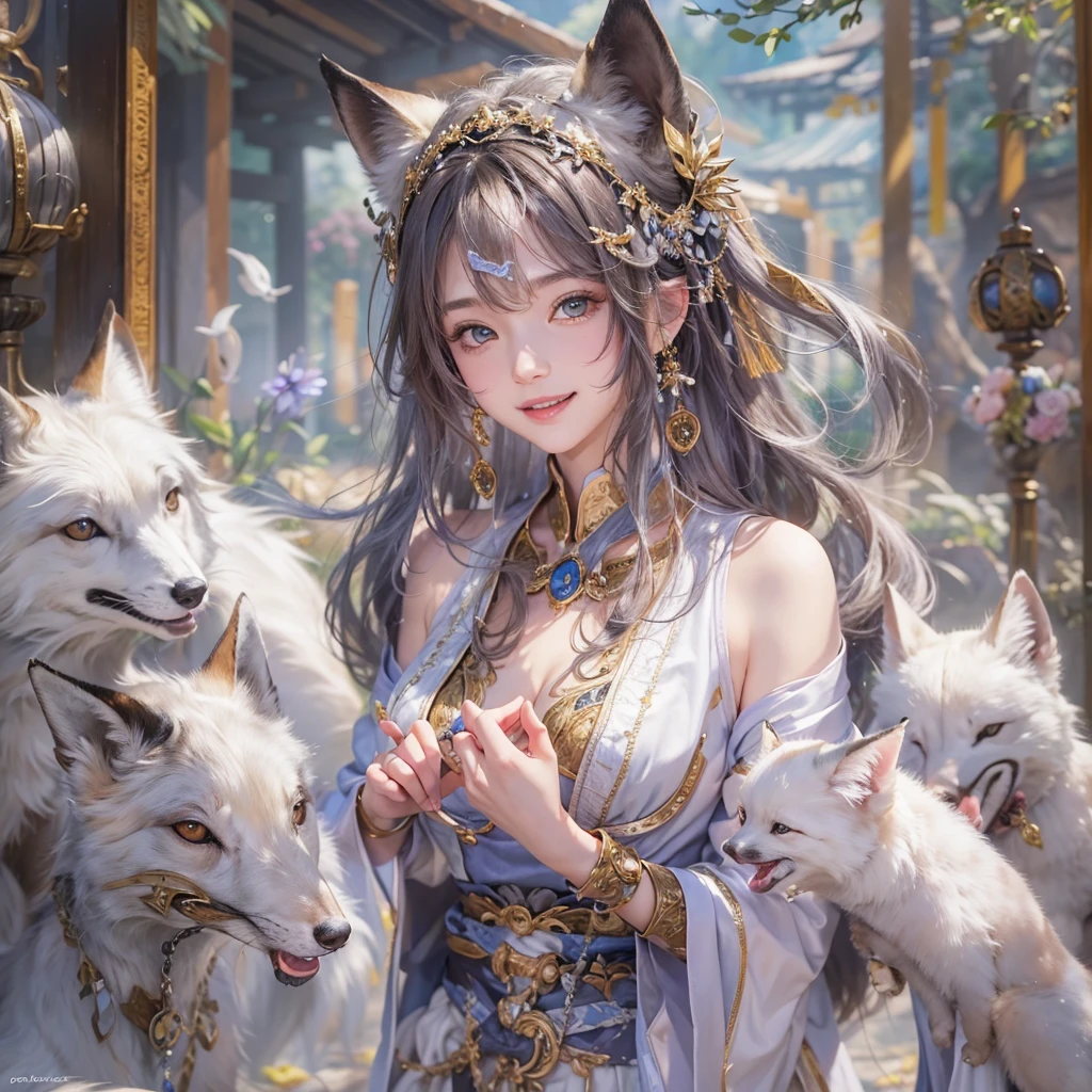 Hiding in an ancient shrine、Hair flow、 ((Highest quality、masterpiece、8K、Best image quality、Ultra-high resolution、Award-winning works)、(Accurate anatomy:1.1)、(Look at me and smile:1.1)、Shining fair skin with Ultra-high resolution、The most detailed face、Ultra-high resolution detailed face、Ultra-high resolutionの髪の毛、(Ultra-high resolutionの煌めく瞳:1.1)、Beautiful face drawn in every detail、(Blurred Background:1.1)、Ancient maiden costume, Chest to chest, tattoo、Other than white fox
