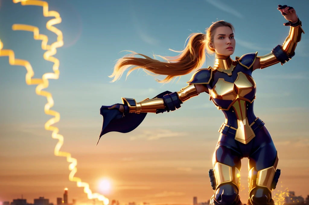 (((A very Beautiful female soldier with long waving golden wearing Pitch black Full armor))),1 woman, alone, run, , ponytail, Ohครงสร้างแข็งแรง, dynamic brush strokes, fluid movement, Embodying the essence of her fighting spirit and energy., Oh, portraying the motion and grace of run, showing the wind blowing her ponytail and clothes, and the scenery around her. outdoor, พื้นหลังOhดยละเอียด, modern metropolis,war,troops