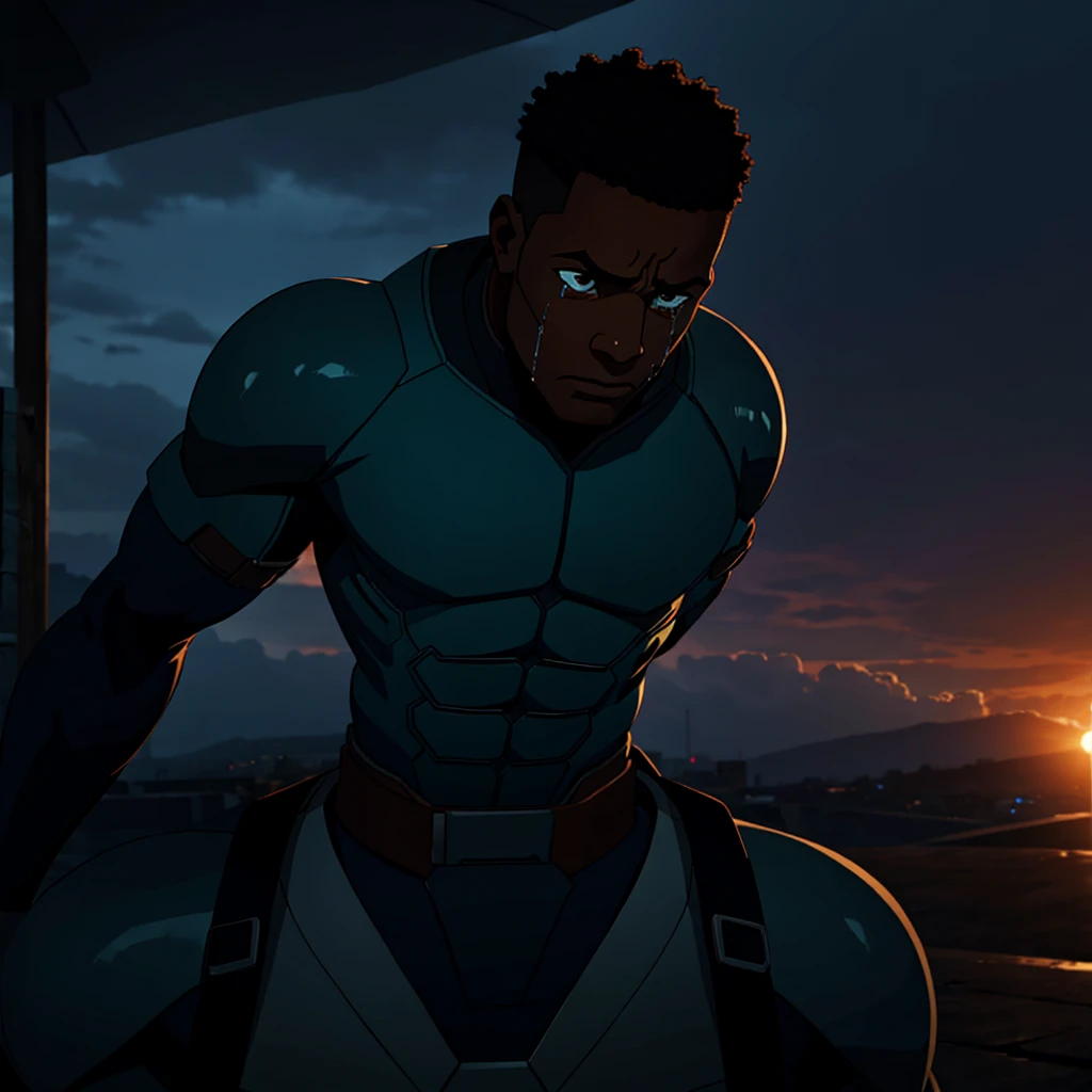 depressed black man crying, cinematic action, masterpiece, super detail, textured skin, atmospheric perspective,