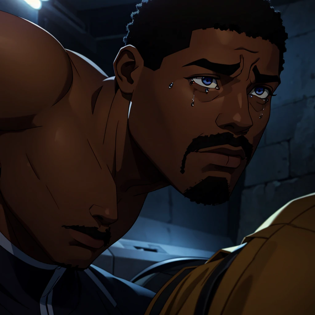 depressed black man crying, cinematic action, masterpiece, super detail, textured skin, atmospheric perspective,