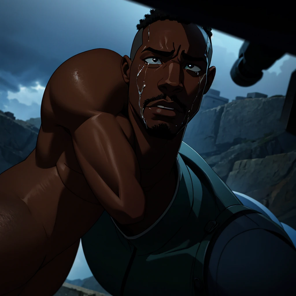 depressed black man crying, cinematic action, masterpiece, super detail, textured skin, atmospheric perspective,
