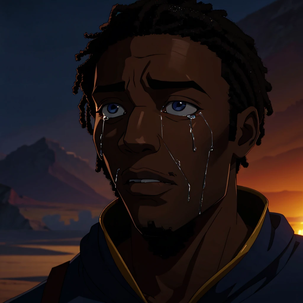 depressed black man crying, cinematic action, masterpiece, super detail, textured skin, atmospheric perspective,