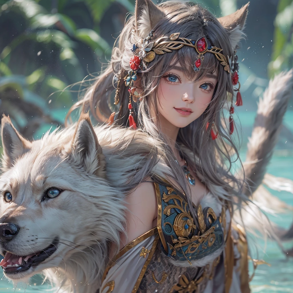 Lakeside surrounded by snowy mountains、Hair flow、 ((Highest quality、masterpiece、8K、Best image quality、Ultra-high resolution、Award-winning works)、(Accurate anatomy:1.1)、(Look at me and smile:1.1)、Shining fair skin with Ultra-high resolution、The most detailed face、Ultra-high resolution detailed face、Ultra-high resolutionの髪の毛、(Ultra-high resolutionの煌めく瞳:1.1)、Beautiful face drawn in every detail、Ancient Viking clothing, Chest to chest, tattoo, A real wolf is by your side
