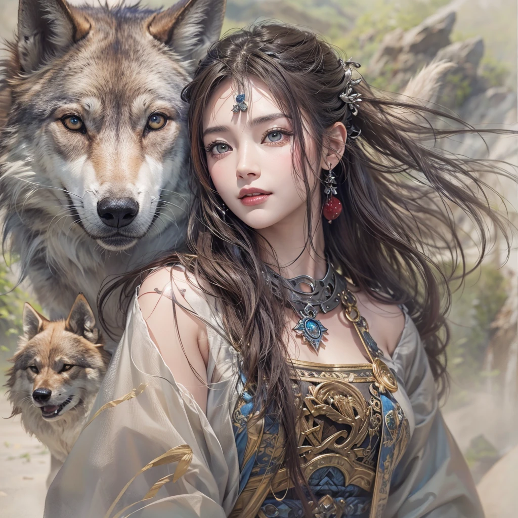 Lakeside surrounded by snowy mountains、Hair flow、 ((Highest quality、masterpiece、8K、Best image quality、Ultra-high resolution、Award-winning works)、(Accurate ???????:1.1)、(Look at me and smile:1.1)、Shining fair skin with Ultra-high resolution、The most detailed face、Ultra-high resolution detailed face、Ultra-high resolutionの髪の毛、(Ultra-high resolutionの煌めく瞳:1.1)、Beautiful face drawn in every detail、Ancient Viking clothing, Chest to chest, tattoo, A real wolf is by your side