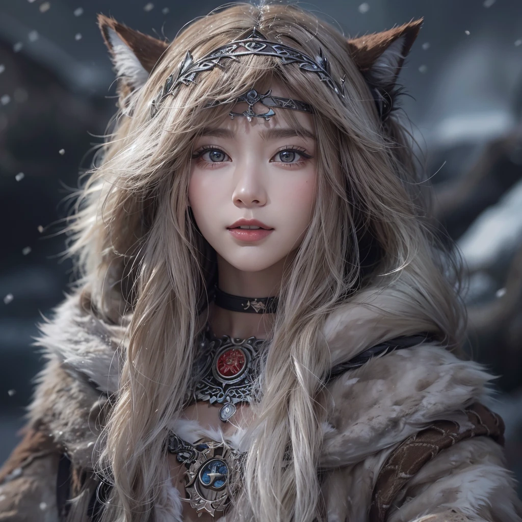 Lakeside surrounded by snowy mountains、Hair flow、 ((Highest quality、masterpiece、8K、Best image quality、Ultra-high resolution、Award-winning works)、(Accurate anatomy:1.1)、(Look at me and smile:1.1)、Shining fair skin with Ultra-high resolution、The most detailed face、Ultra-high resolution detailed face、Ultra-high resolutionの髪の毛、(Ultra-high resolutionの煌めく瞳:1.1)、Beautiful face drawn in every detail、Ancient Viking clothing, Chest to chest, tattoo, A real wolf is by your side