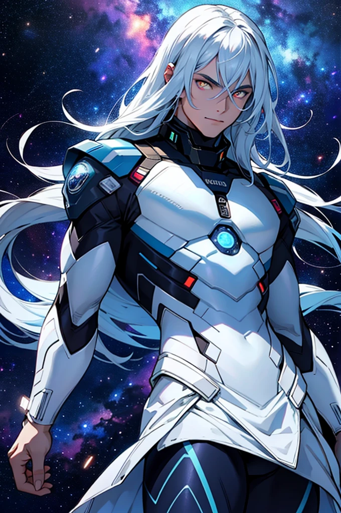 male, masculine, Galaxy theme suit, white glowing eyes, galactic body, space background, body made of stars, long hair, shirtless, cosmic entity