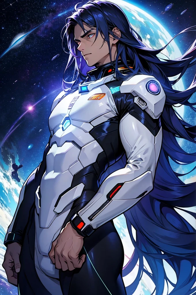 male, masculine, Galaxy theme suit, white glowing eyes, galactic body, space background, body made of stars, long hair, shirtless, cosmic entity