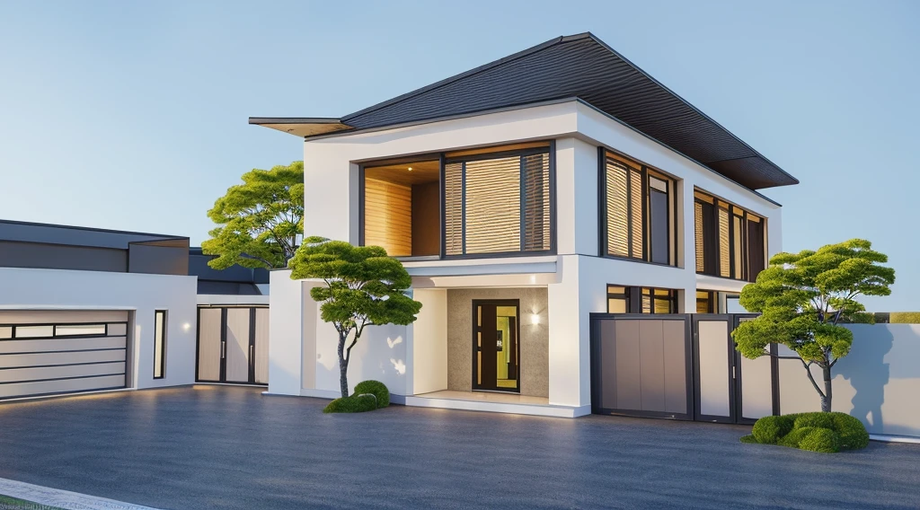 PLATFORM KTHOUSE, 1 morden villa,1large yard, 1 road runs in front of the house, (RAW photo, real, best quality, masterpiece:1.2), look morden minimalist, 1 road in front of the house, dynamic lighting:1.3, (hyper realistic, photo-realistic:1.2), high quality, (dark lighting:1.2), perfect lighting, archdaily, no human, light at 12 noon, light in door:1.2
