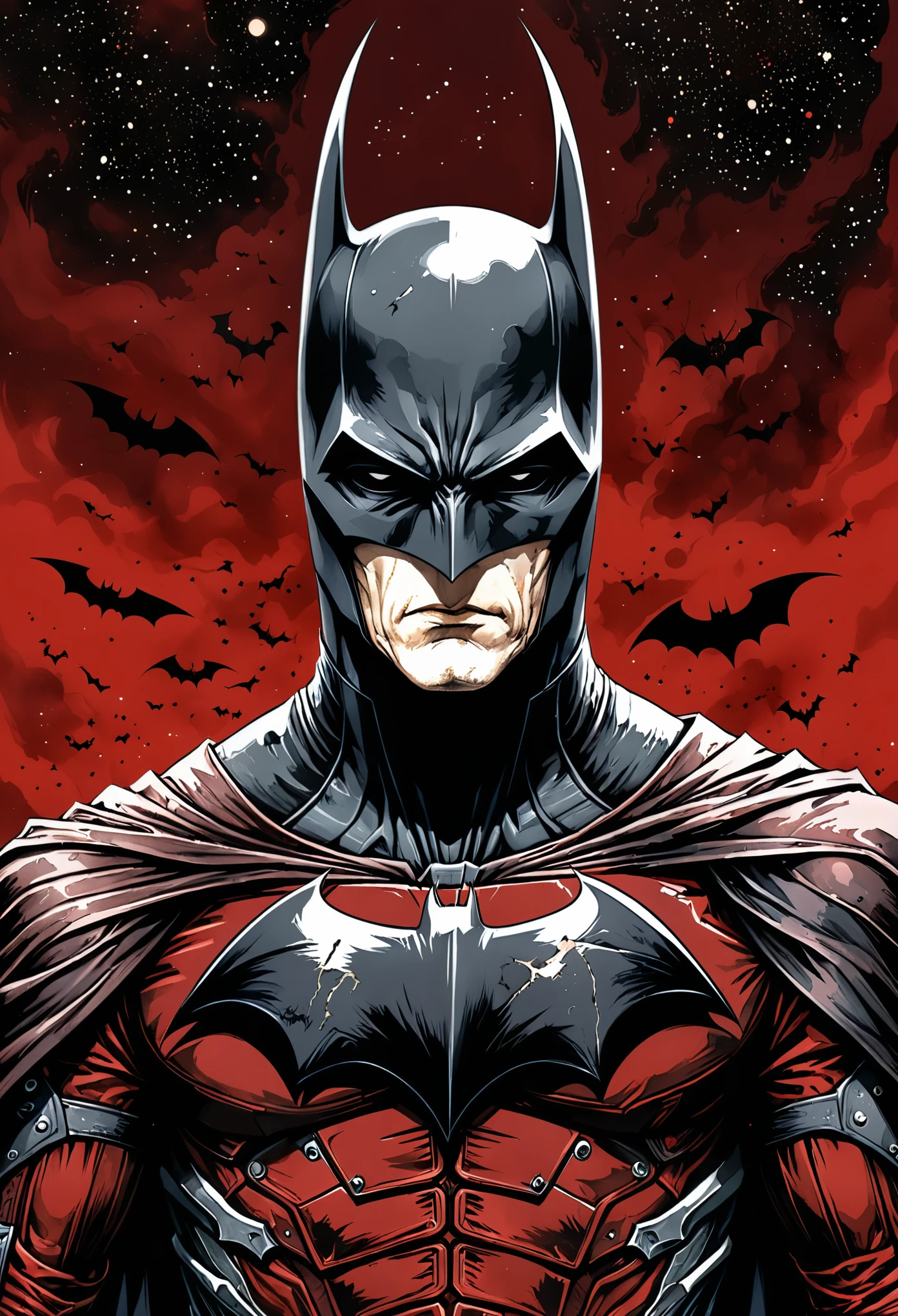 in style of Santiago Caruso, character concept design,Batman from the Galaxy,Half Body,Dark red background,Fantasy Art, galaxy,illustration, Vector