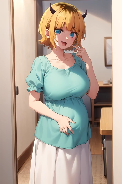 best quality, masterpiece, detailed,
memcho,
open mouth, :3, happy,
short hair, blonde hair, multicolored hair, aqua eyes, blunt bangs, horns,, collarbone, puffy sleeves,standing, looking at the viewer,Huge breasts:1.5、
indoors、t shirt maxi(tight)dress:1.5、The whole body is visible、pregnancy