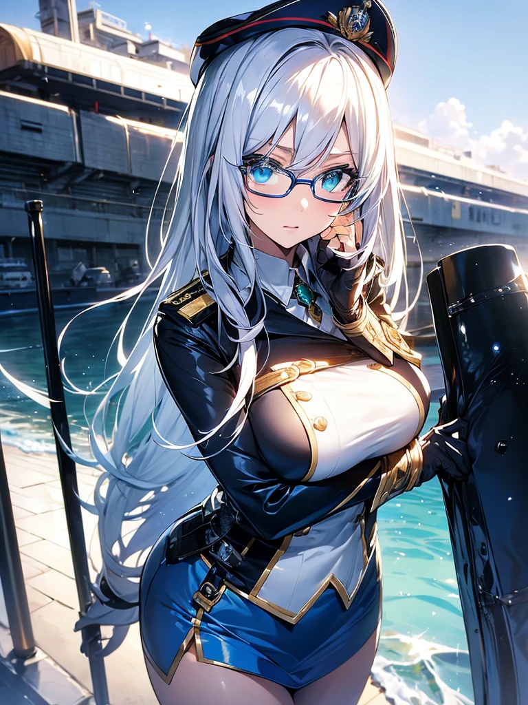 masterpiece, best quality, beautiful girl, white hair with blue inner color, emerald green eyes, dark blue military uniform, mature_female, eye_glasses, white gloves, anime, dark blue military hat, very_long_hair, perfect body, red ribbon, commander, science_fiction, black knee-high boots, white pencil skirt , cowboy_shot, best quality, large_breasts, ultra-detailed, high quality, modern military uniform, sci-fi, royal blue Trench Coat, one girl