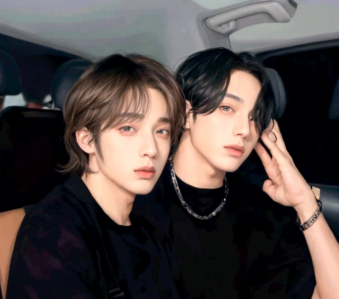 two young people sitting next to each other in a car, high quality fanart, official fanart, digitl art. @mariomaniacdude, official art admirer, [ digitl art ]!!, Jungkook, realist art, high quality art, they are brothers, a colorized photo, Tae June Kim, realism art style, inspired by Yanjun Cheng, art admirer, high-quality portrait