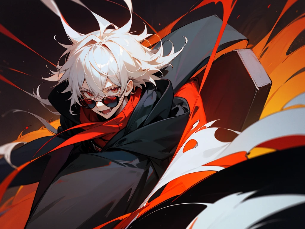 An anime guy wearing black coat with red lining and swag glasses, looking up and laughing, fire in his background everywhere
