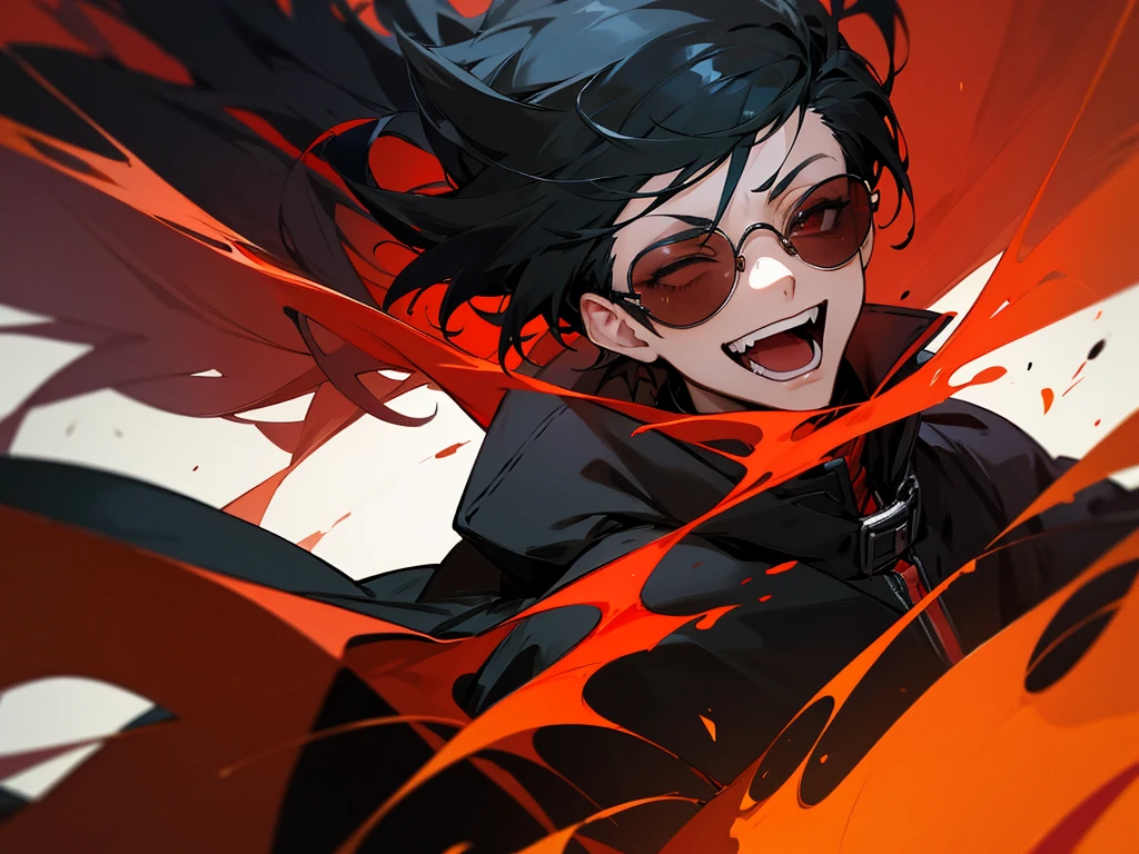 An anime guy wearing black coat with red lining and swag glasses, looking up and laughing, fire in his background everywhere