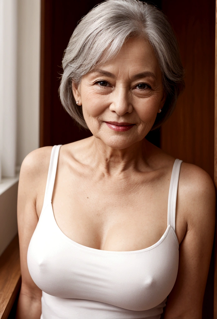 sexy old woman
75 years old
in a white sleeveless T-shirt
beautiful smile
beautiful figure
