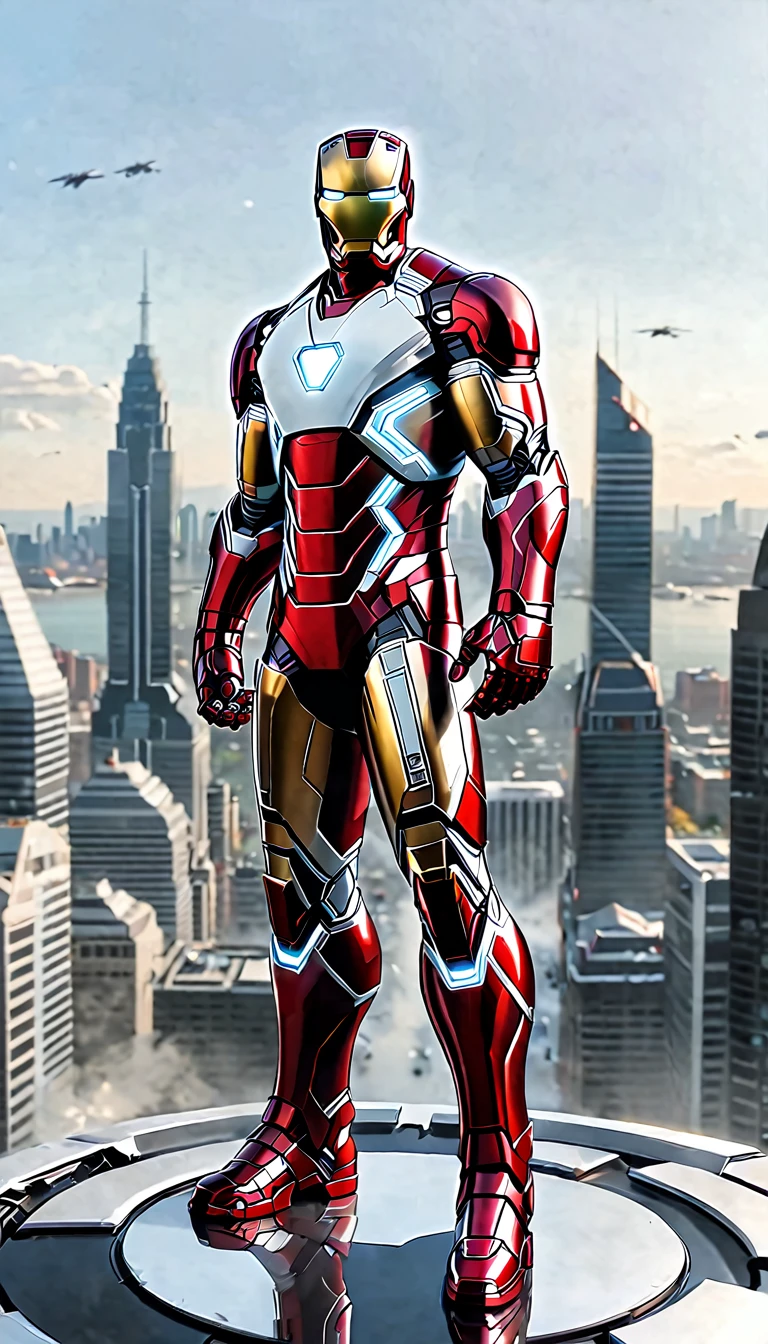 Wearing a  Iron Man   cool white   Equipped with   electroplated black and  and electroplated

 Stark Tower is in the background. Above Marvel Comics!  No need for any red     Cold Step Music | Music inspired by Oppenheimer films