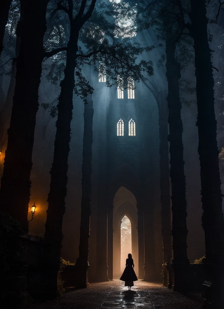 In the heart of an ancient forest stands a Gothic castle, its pointed towers silhouetted against a sky of deep purples and blacks. Dim windows glow faintly amidst Gothic arches while gargoyles watch from the cornices. Twisted trees lean towards the structure, shrouded in mist that adds mystery. A solitary figure, illuminated by the sunset, gazes upon the scene with a mix of fascination and fear. Captured by an iPhone 15, the image reveals the worn stone texture and the contrast between darkness and glimmers of light, evoking the eerie beauty of a castle defying the passage of time. In the distance, a beautiful redhead in a black Gothic dress stands, her back turned.