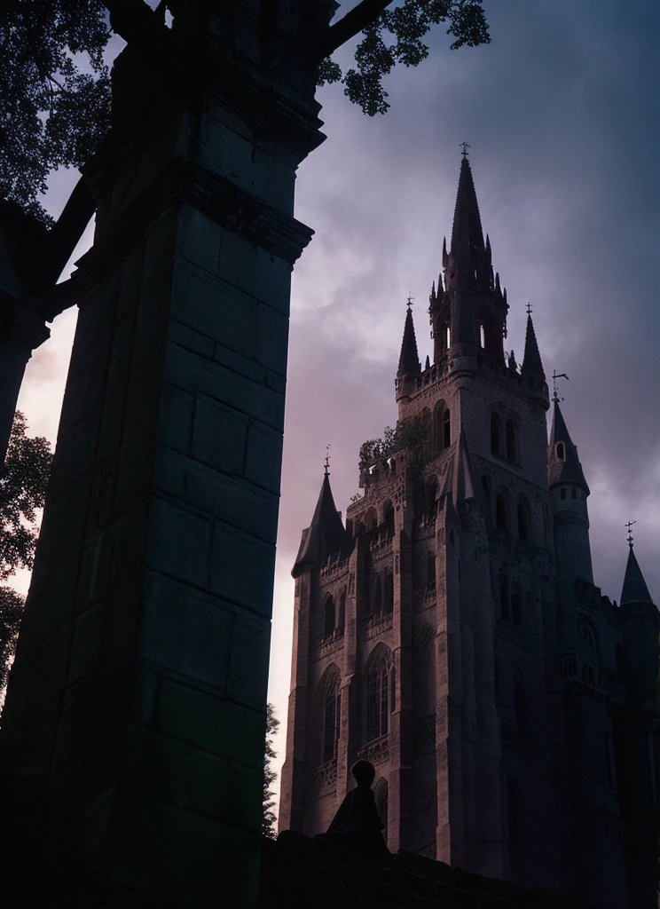 In the heart of an ancient forest stands a Gothic castle, its pointed towers silhouetted against a sky of deep purples and blacks. Dim windows glow faintly amidst Gothic arches while gargoyles watch from the cornices. Twisted trees lean towards the structure, shrouded in mist that adds mystery. A solitary figure, illuminated by the sunset, gazes upon the scene with a mix of fascination and fear. Captured by an iPhone 15, the image reveals the worn stone texture and the contrast between darkness and glimmers of light, evoking the eerie beauty of a castle defying the passage of time. In the distance, a beautiful redhead in a black Gothic dress stands, her back turned.