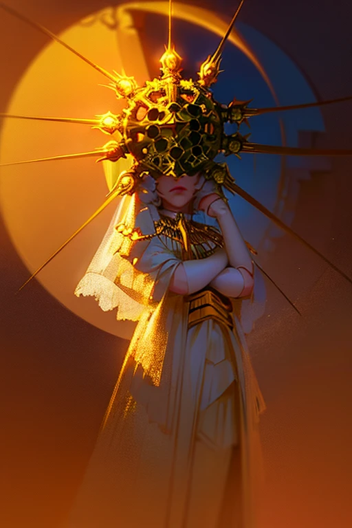 (masterpiece), best quality, perfect face digital painting,  Digital illustration,  extreme detail,  digital art,  4k,  ultra hd ilumination celestial claroscuro, girl with a golden sun-shaped mask turning her eyes dark sun gwyndolin from dark souls pose with arms crossed delicately 