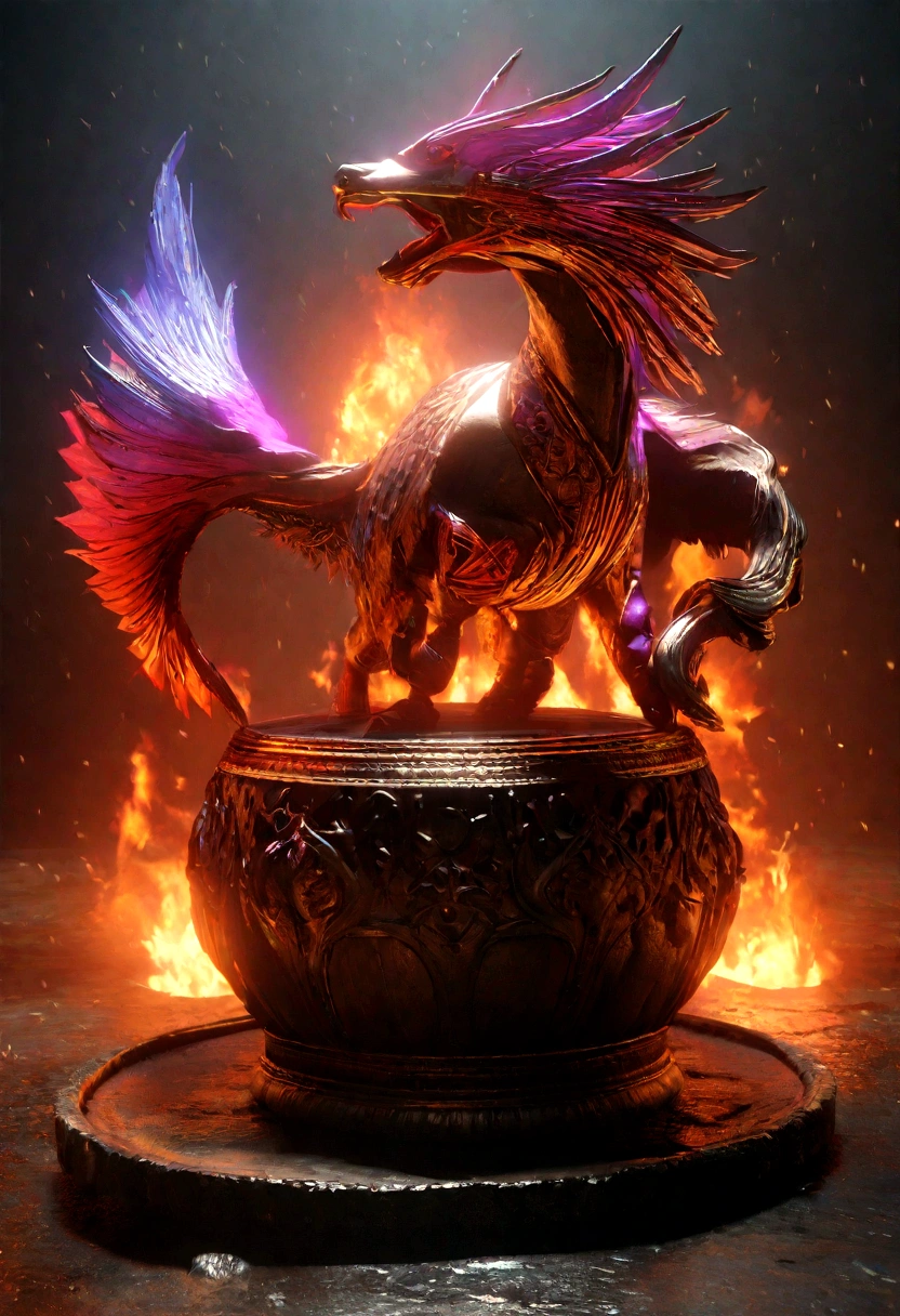 dynamic and captivating fire RPG logo, team identity, strong will, intricate details, volumetric lighting, vibrant colors, 3d render, photorealistic, cinematic composition, striking, visually stunning