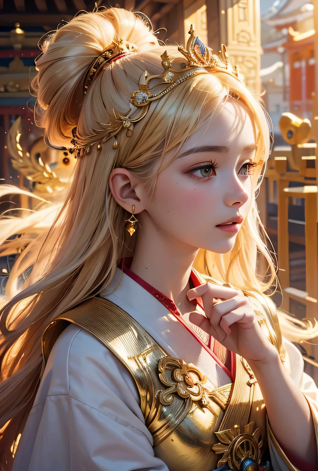 "Child of the Sun, Goddess of Love": Within a sacred sanctuary bathed in sunlight, depict the figure of a sun goddess who governs love, facing forward and emanating divine radiance. She is a , around 3 years old. Zoom in to focus on her face, with a gleaming orb of light in her hands, representing the life-giving power of the sun. Her hair is shimmering gold, and she is wearing a traditional miko outfit as seen in Japanese shrines. The background should be predominantly gold, evoking a sense of divine splendor, with numerous heart-themed objects expressing the beauty of love. The setting is in heaven, enveloped in soft, bright light, where one can find tranquility and peace of mind, free from any trace of anxiety.