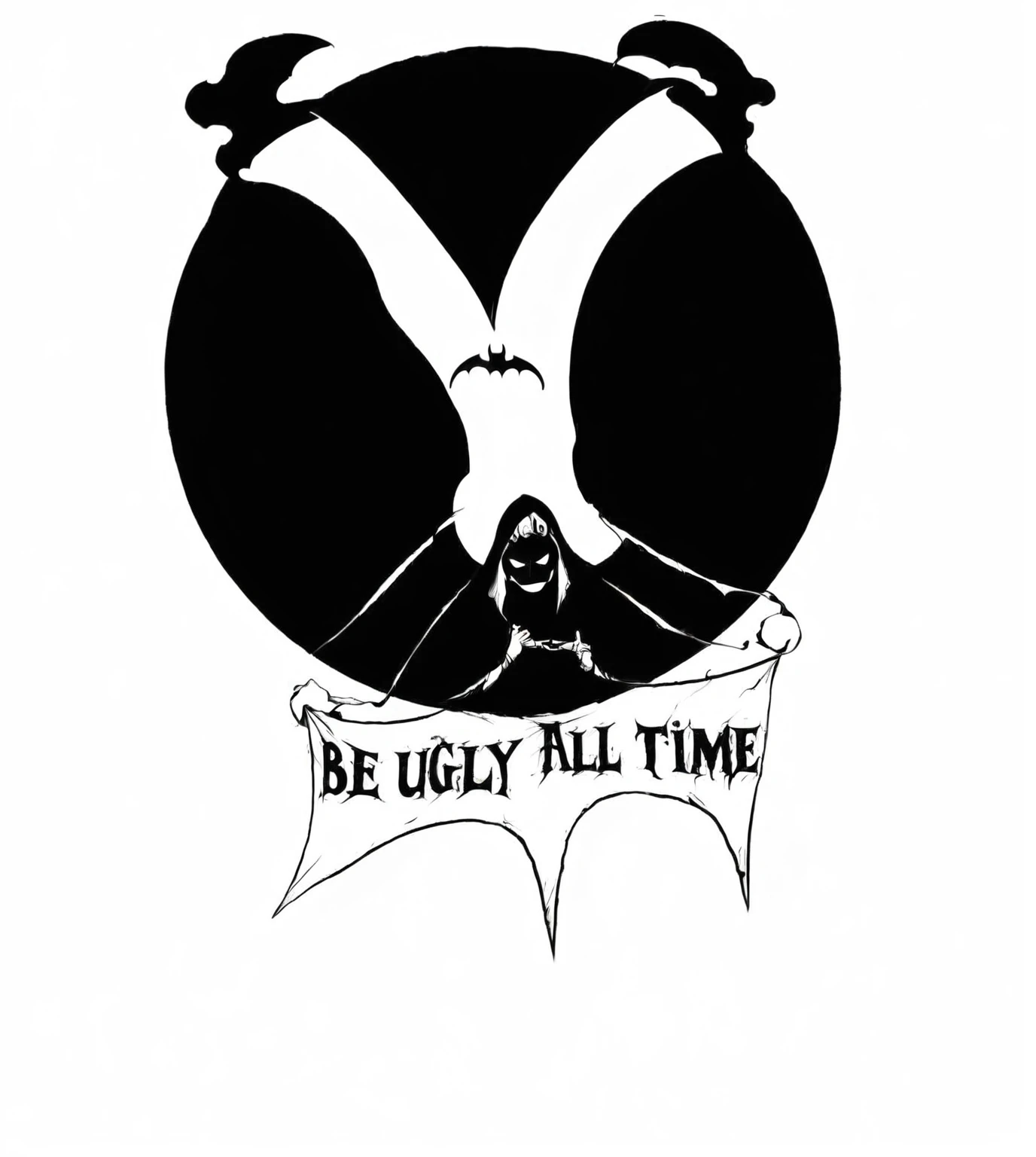 a digital art render of a black circle with a man wearing a bat costume, holding a flag with a bat symbol, the text "Be Ugly All Time" in the background, highly detailed, unreal engine, 8k, photorealistic, cinematic lighting, dramatic atmosphere, vibrant colors, intricate details, concept art style